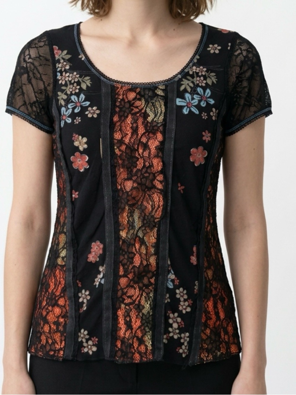 EDISTA Black Floral Lace Panel Short Sleeve Women's Top